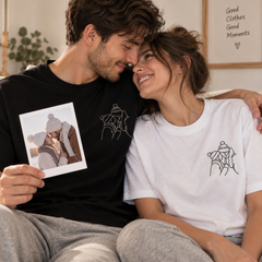 Custom Portrait Line Art Matching T-Shirts – Personalised Embroidered Couple Tee