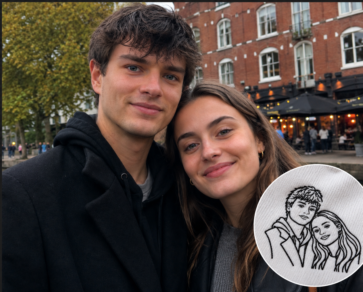 Custom Couple Portrait Embroidery T-Shirt